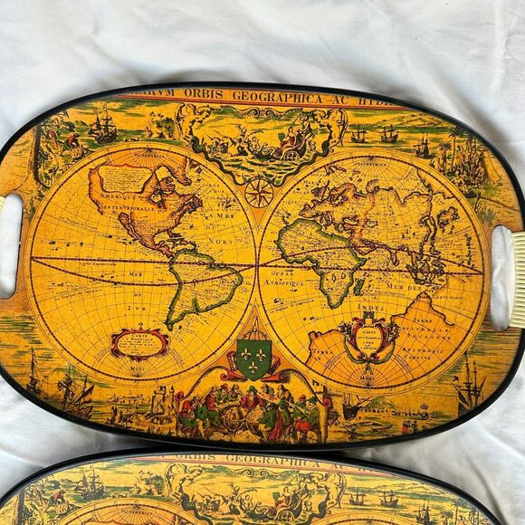 Set Of 4 VTG MCM Old World Map Globe Serving Tray M.B. Daniels & Co. New York - Picture 6 of 11
